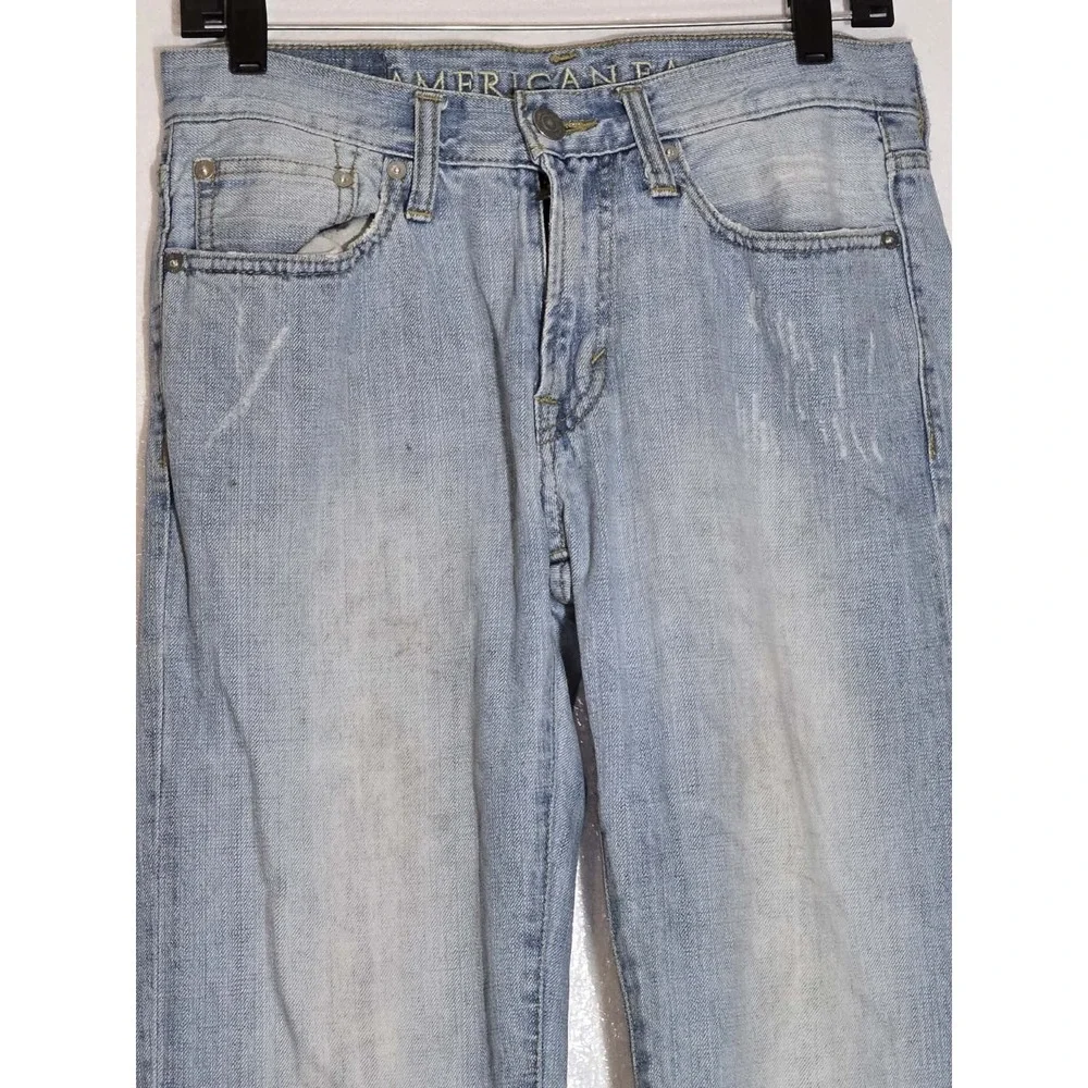 American Eagle Original Straight Jeans Men's 28x30 Light Wash Distressed Denim